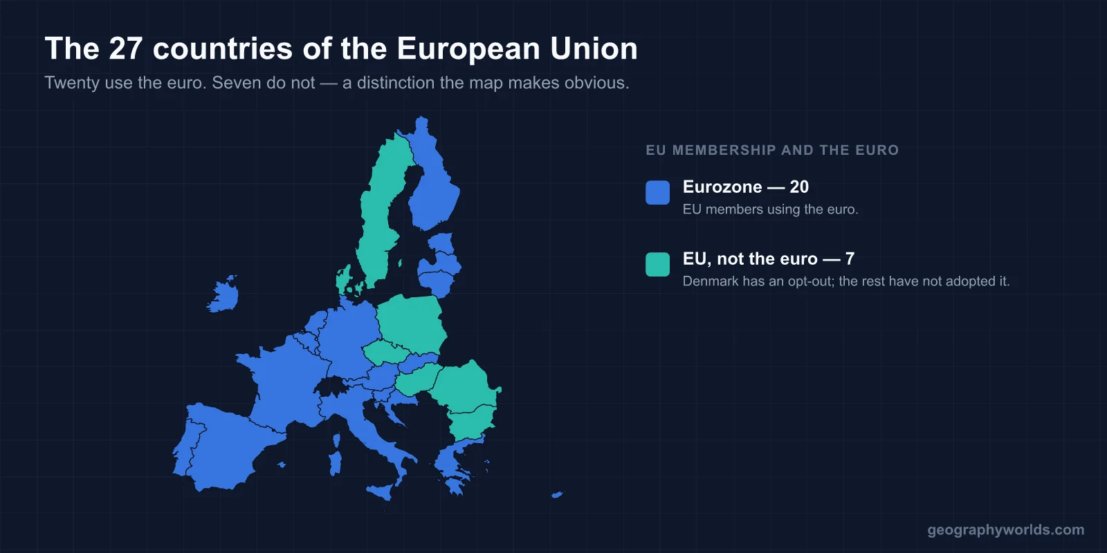Map of the 27 European Union member states with eurozone members shaded separately