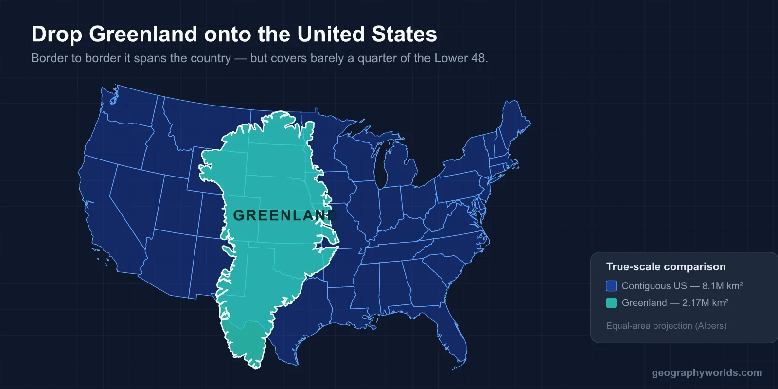Greenland at true scale overlaid on a map of the contiguous United States, covering roughly a quarter of the Lower 48