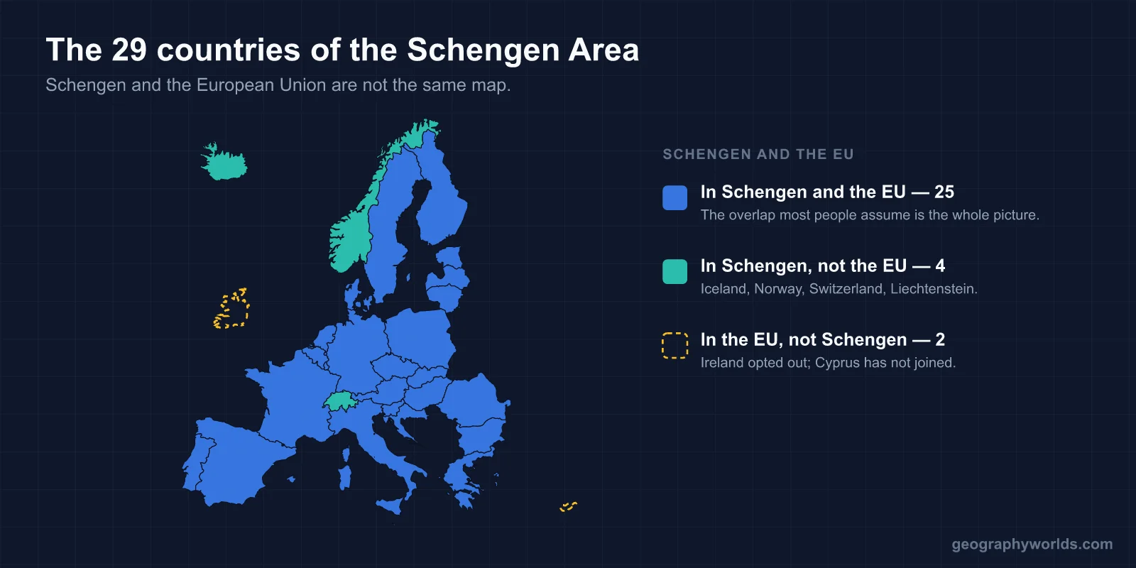 Map of the 29 Schengen Area countries showing which are in the EU and which are not