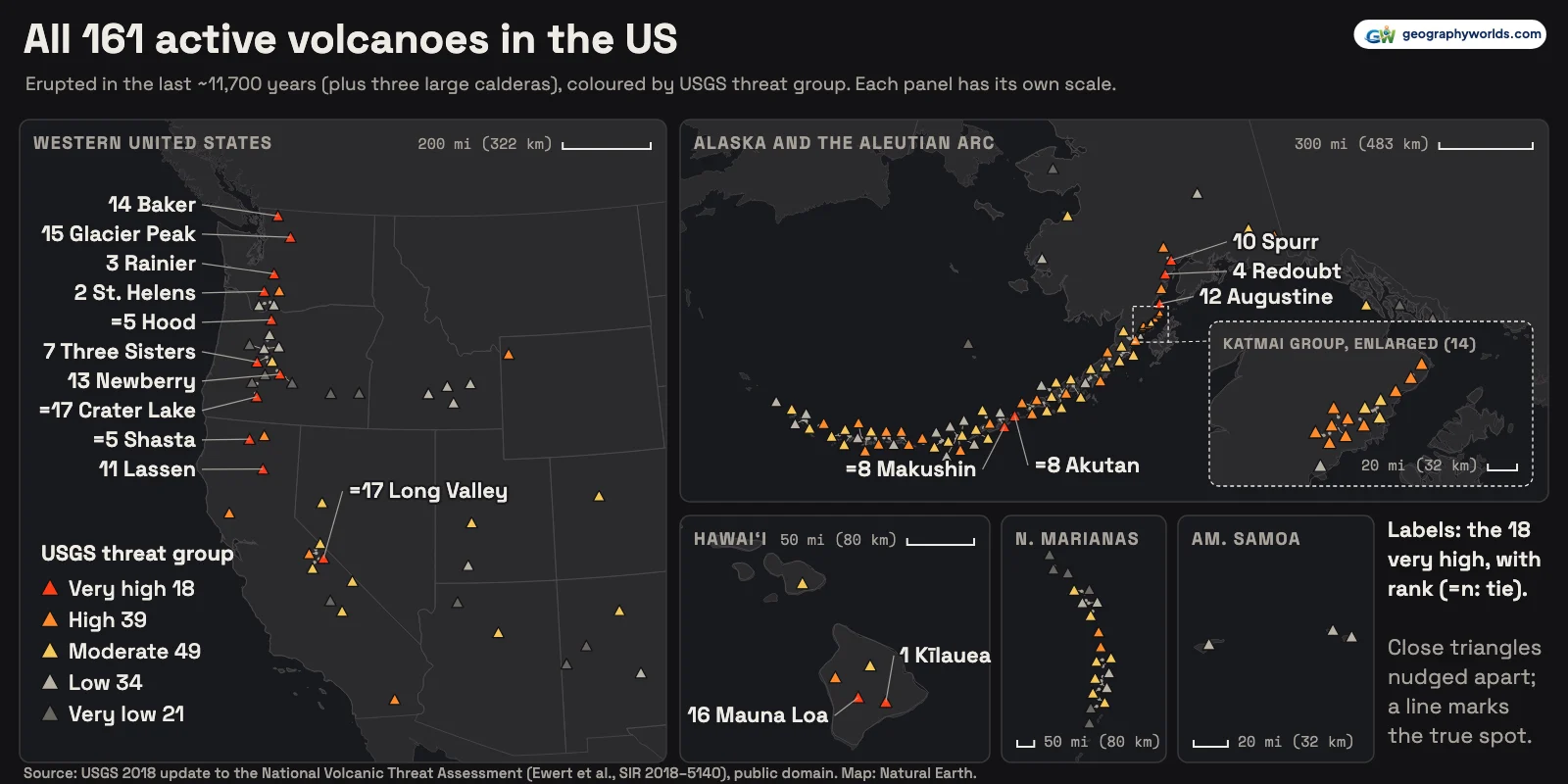 Active Volcanoes in the US: All 161 on One Map, and the 18 USGS Rates Most Dangerous