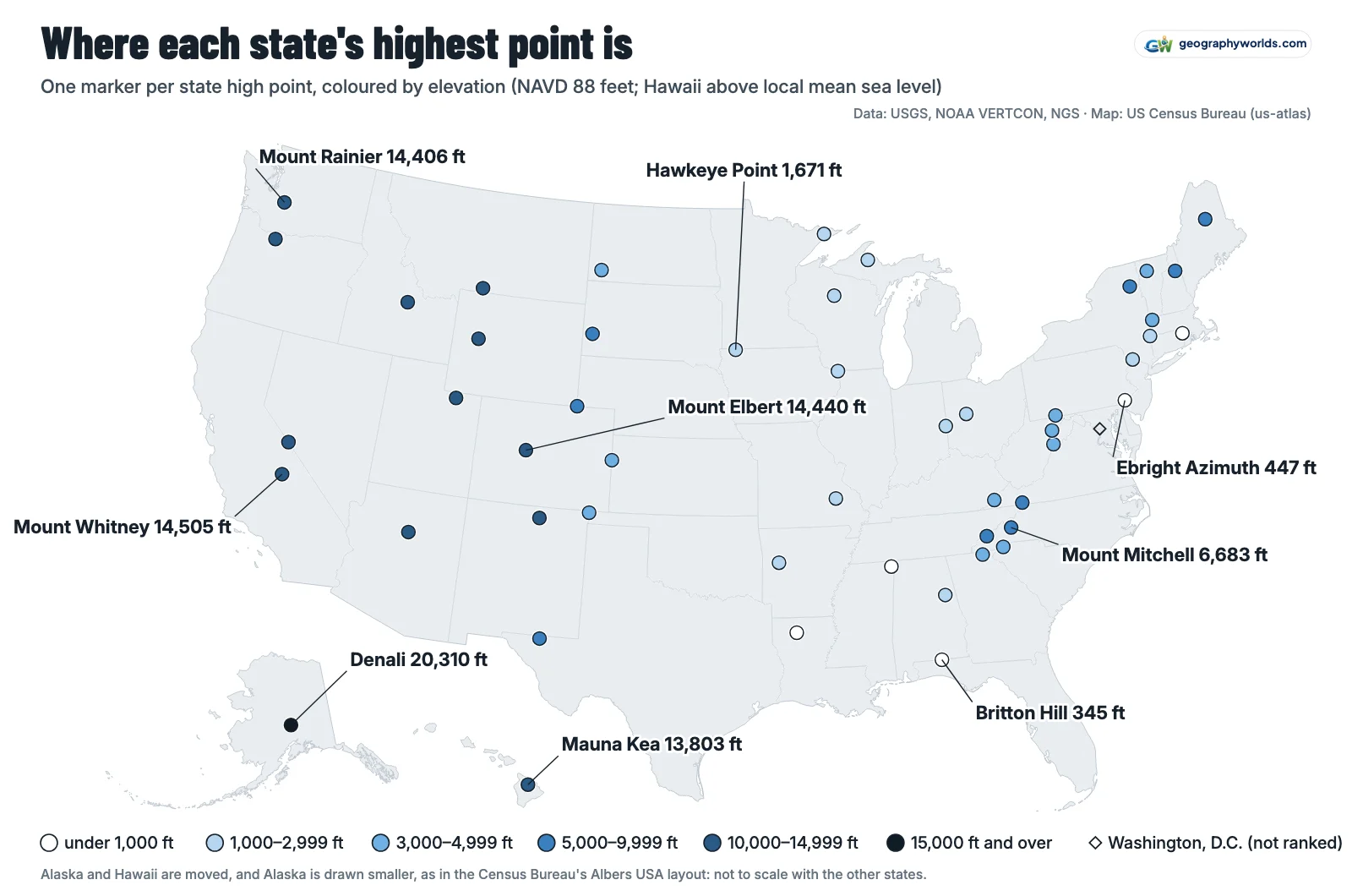 Map of the United States with one marker at each state's highest point, coloured by elevation band