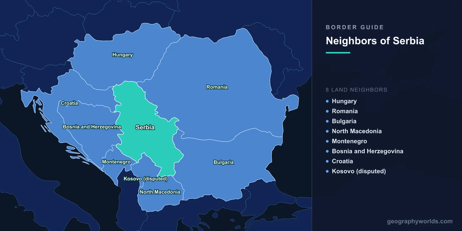 Map of Serbia and its neighbours Hungary, Romania, Bulgaria, North Macedonia, Montenegro, Bosnia and Herzegovina, Croatia and Kosovo