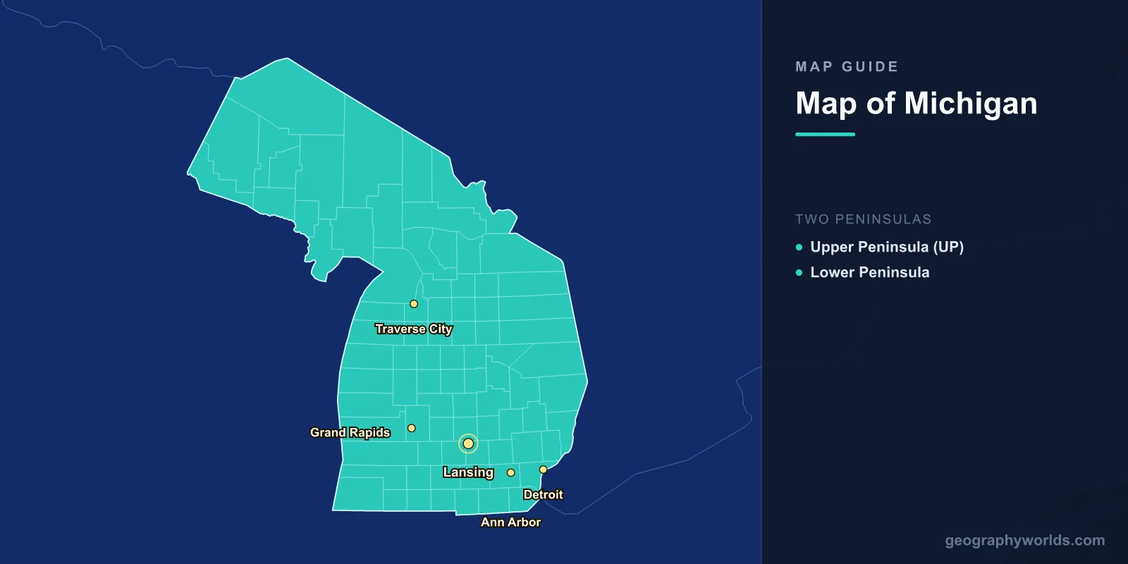 Map of Michigan: Upper & Lower Peninsula, Great Lakes & Cities