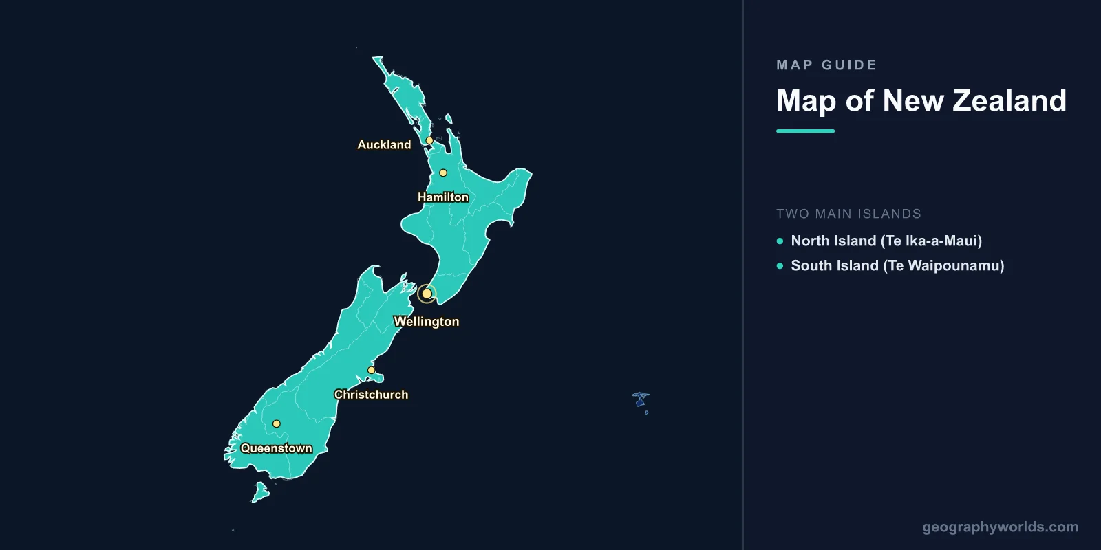Map of New Zealand: North & South Island, Cities, Fjords & Volcanoes