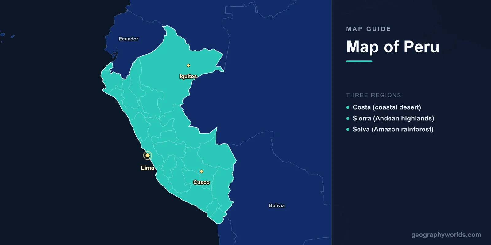 Map of Peru: Costa, Sierra & Selva Regions, Machu Picchu & Cities