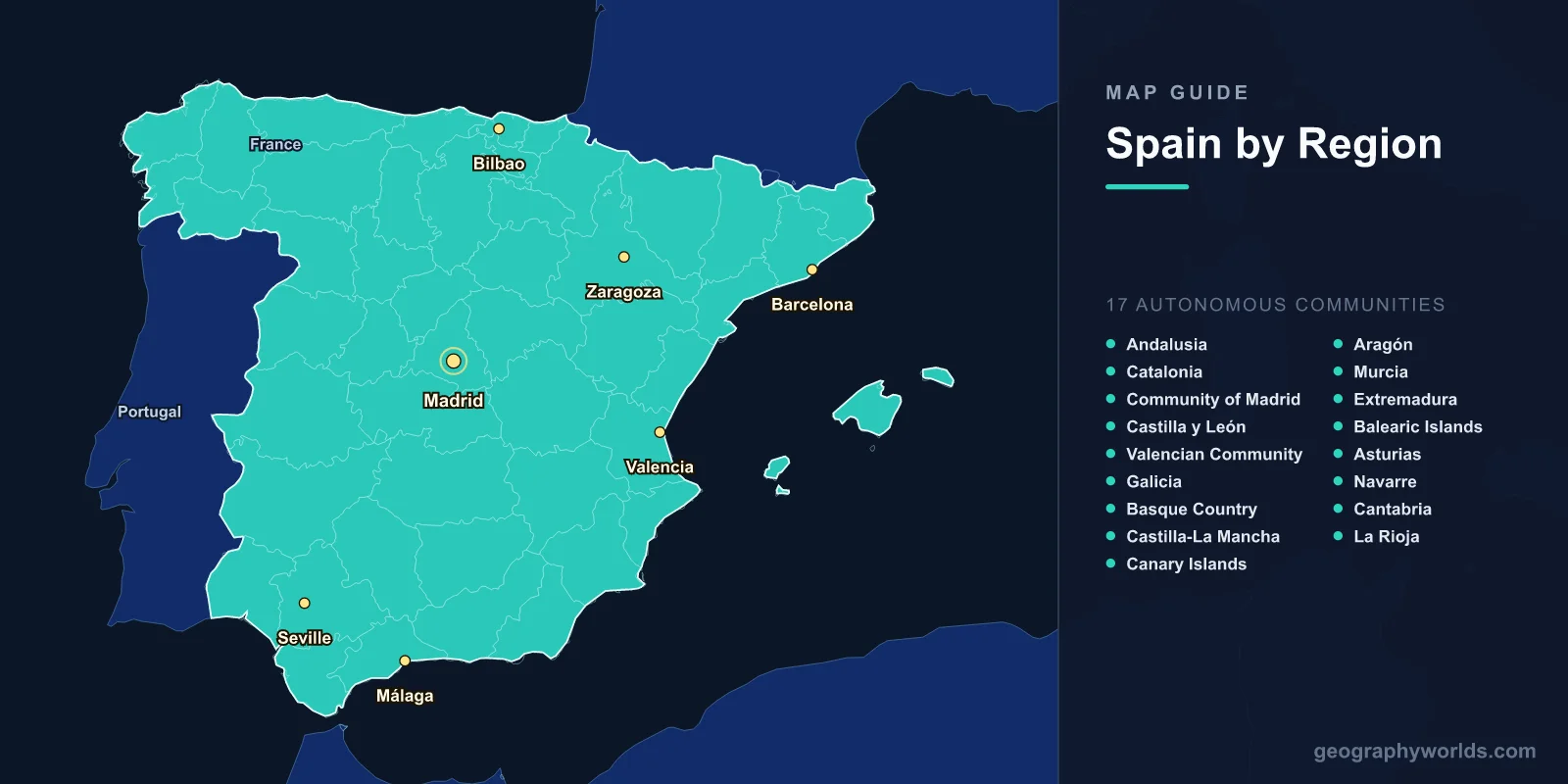 Map of Spain: 17 Autonomous Communities, Cities & Terrain