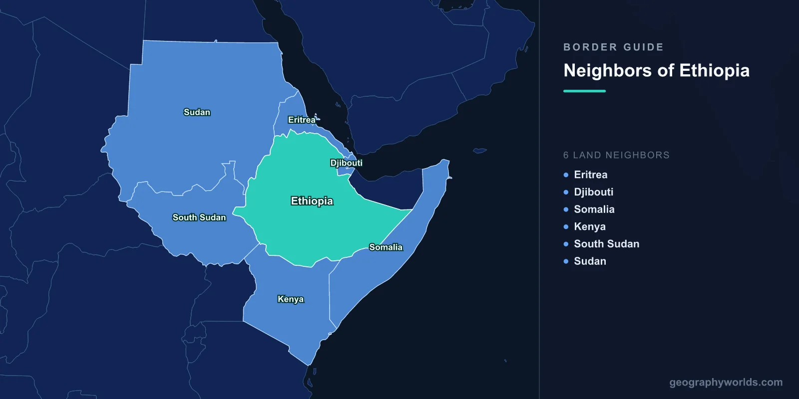 Map of Ethiopia and its land neighbours Eritrea, Djibouti, Somalia, Kenya, South Sudan and Sudan