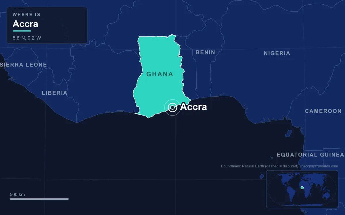 Map marking the location of Accra