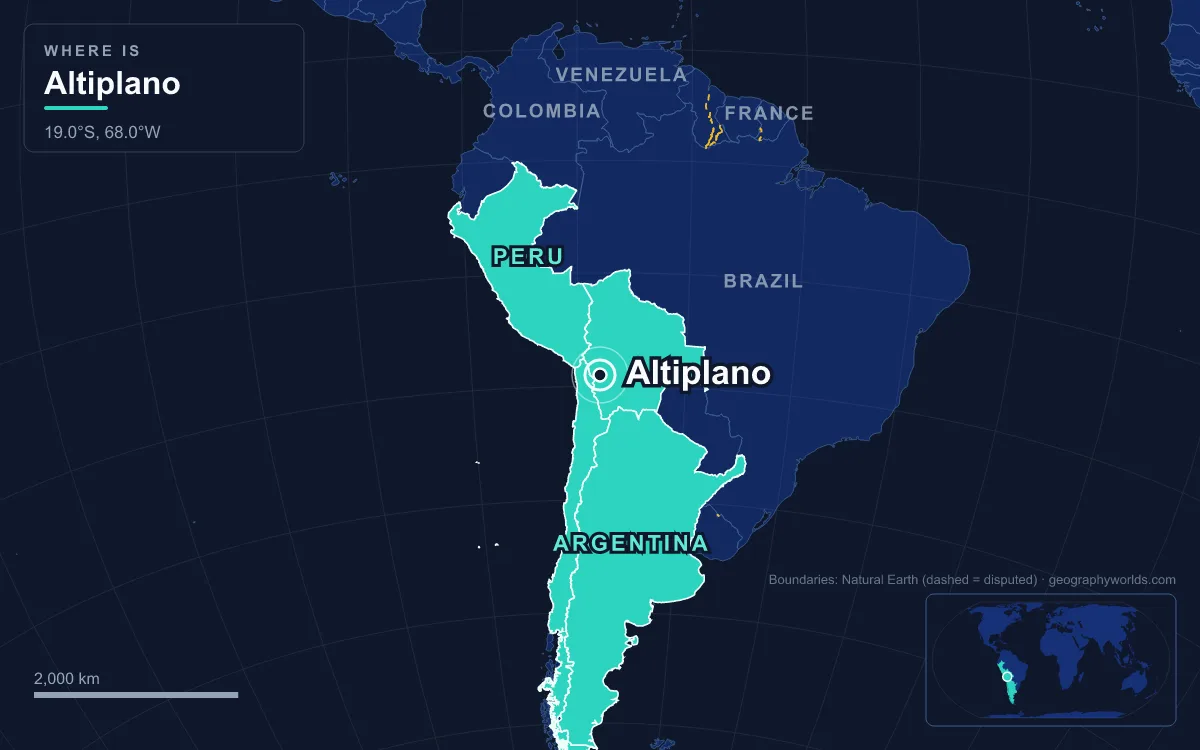 Map of South America with Peru, Bolivia, Chile and Argentina highlighted and a marker on the Altiplano at about 19°S, 68°W