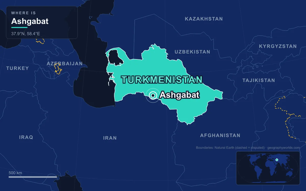 Map marking the location of Ashgabat