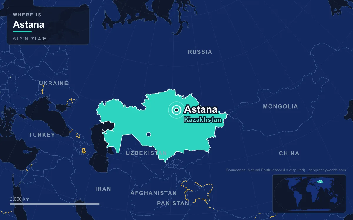 Map marking the location of Astana