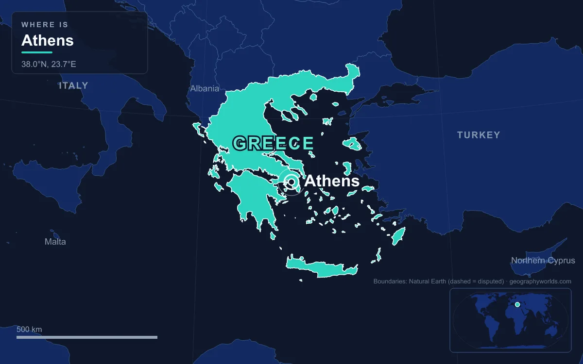 Map marking the location of Athens