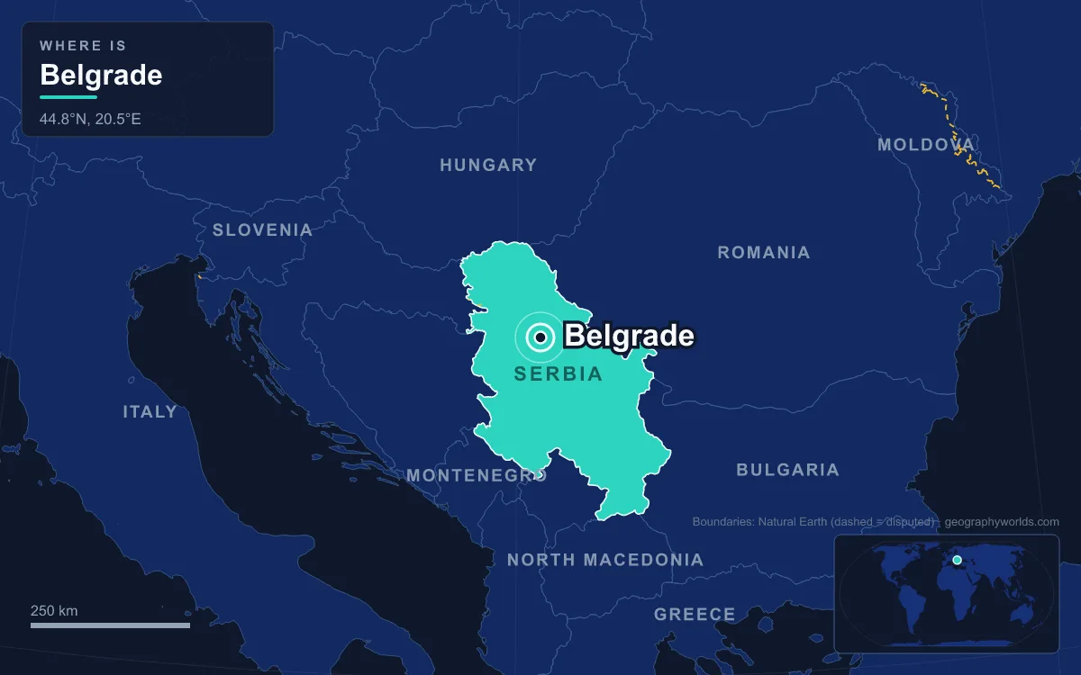 Map marking the location of Belgrade