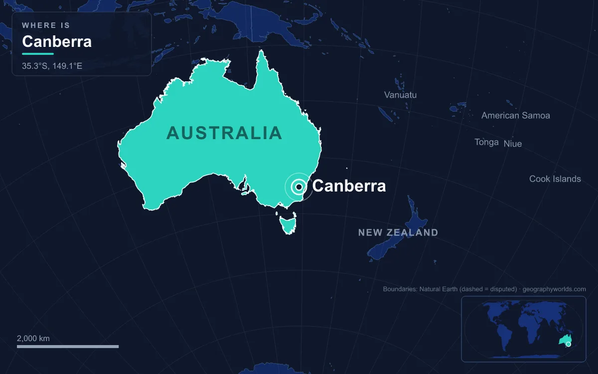 Map marking the location of Canberra