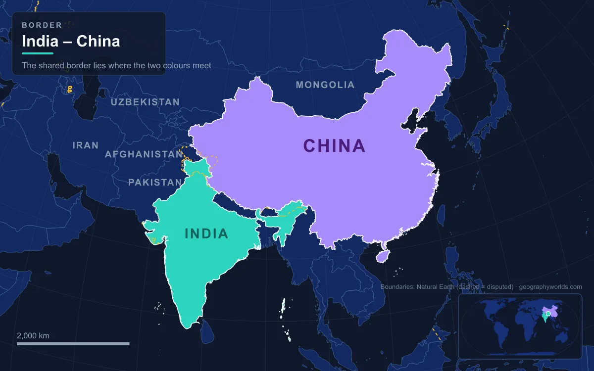 Map of India and China showing the border between them