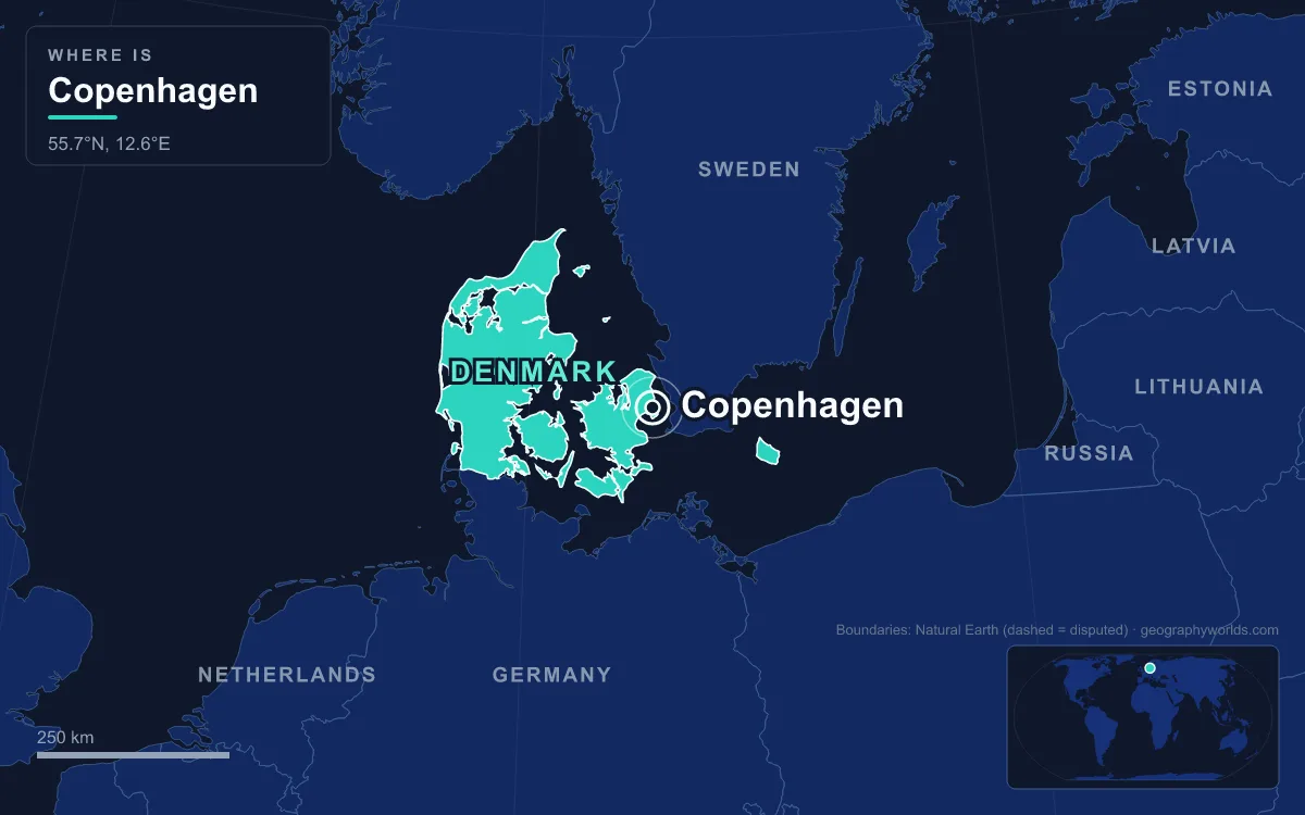 Map marking the location of Copenhagen