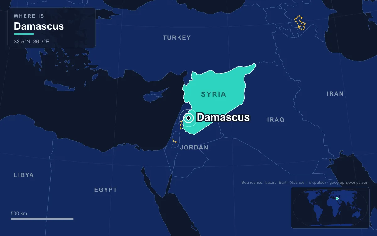 Map marking the location of Damascus