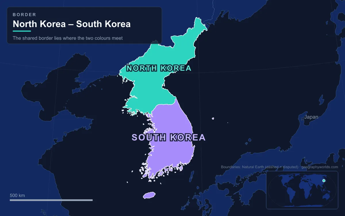 Map of North Korea and South Korea showing the border between them