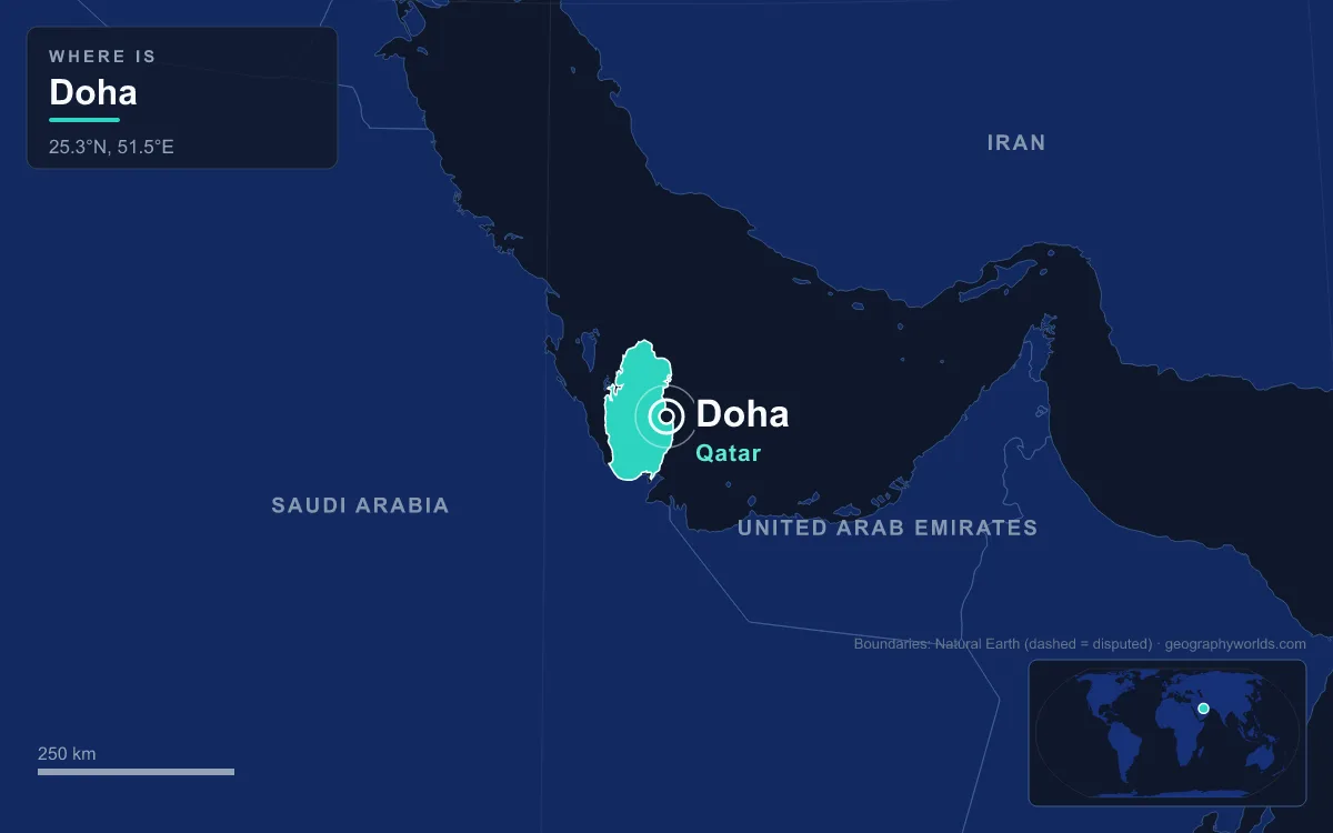 Map marking the location of Doha
