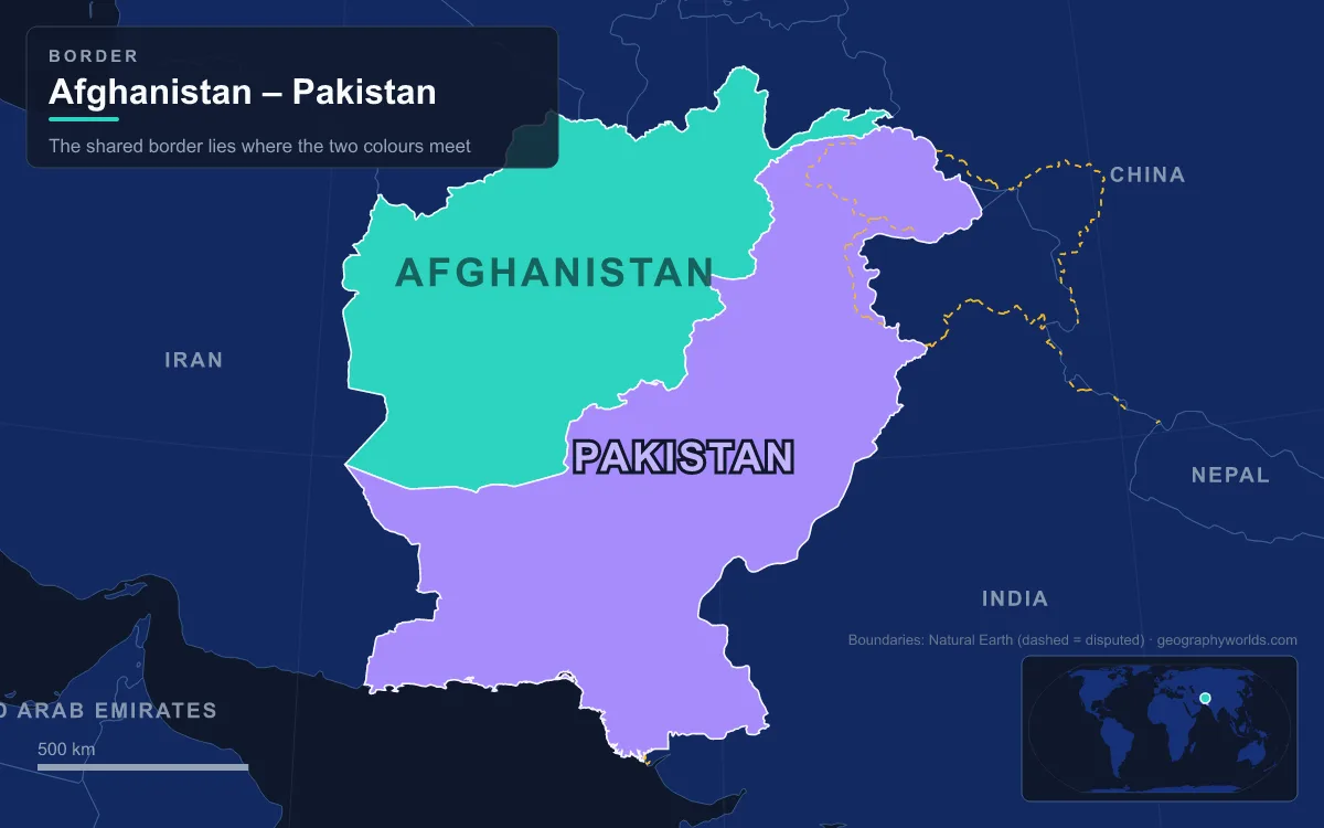 Map of Afghanistan and Pakistan showing the border between them