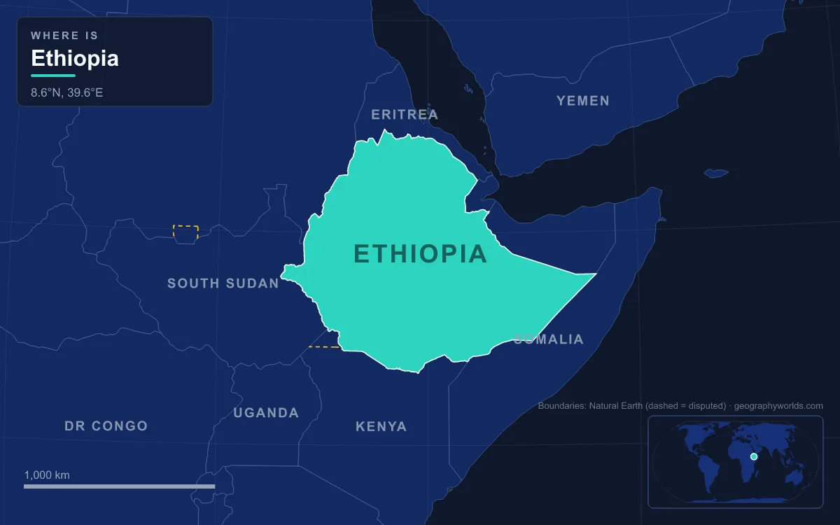 Map highlighting Ethiopia and its neighbours