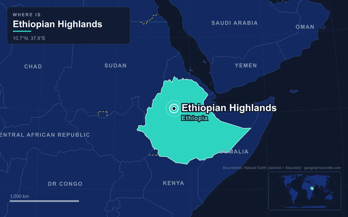 Map of the Horn of Africa with Ethiopia highlighted and a marker on the Ethiopian Highlands at about 10.7°N, 37.8°E