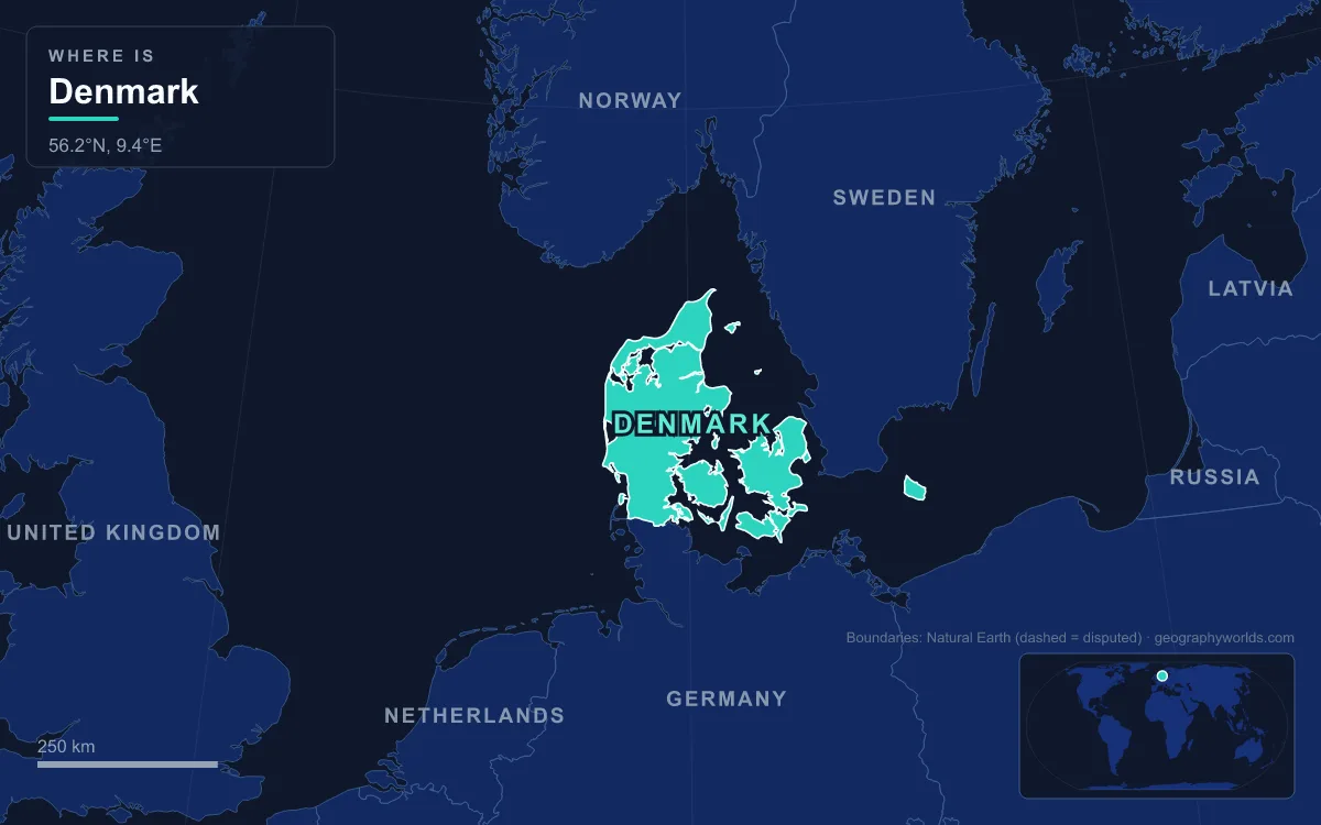 Map highlighting Denmark and its neighbours
