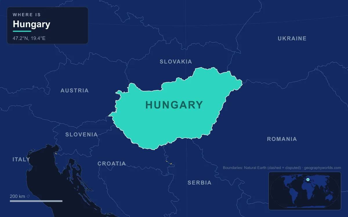 Map highlighting Hungary and its neighbours