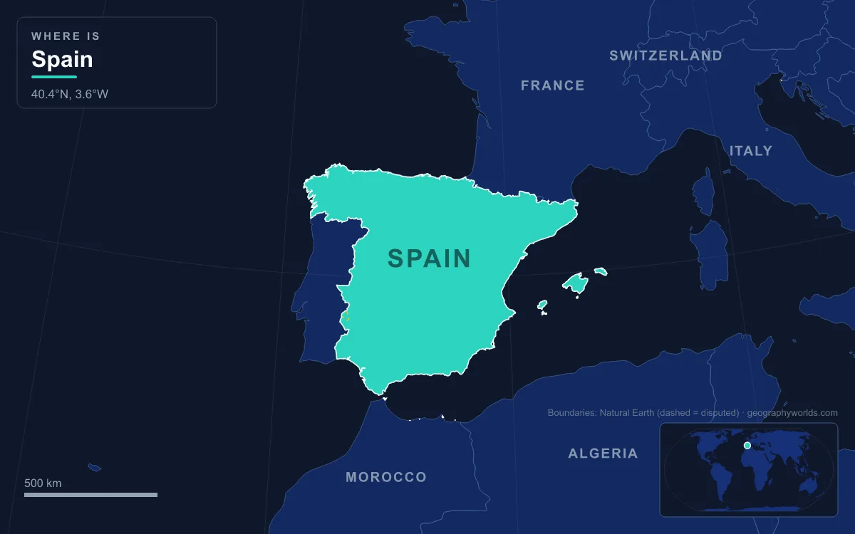 Map highlighting Spain and its neighbours