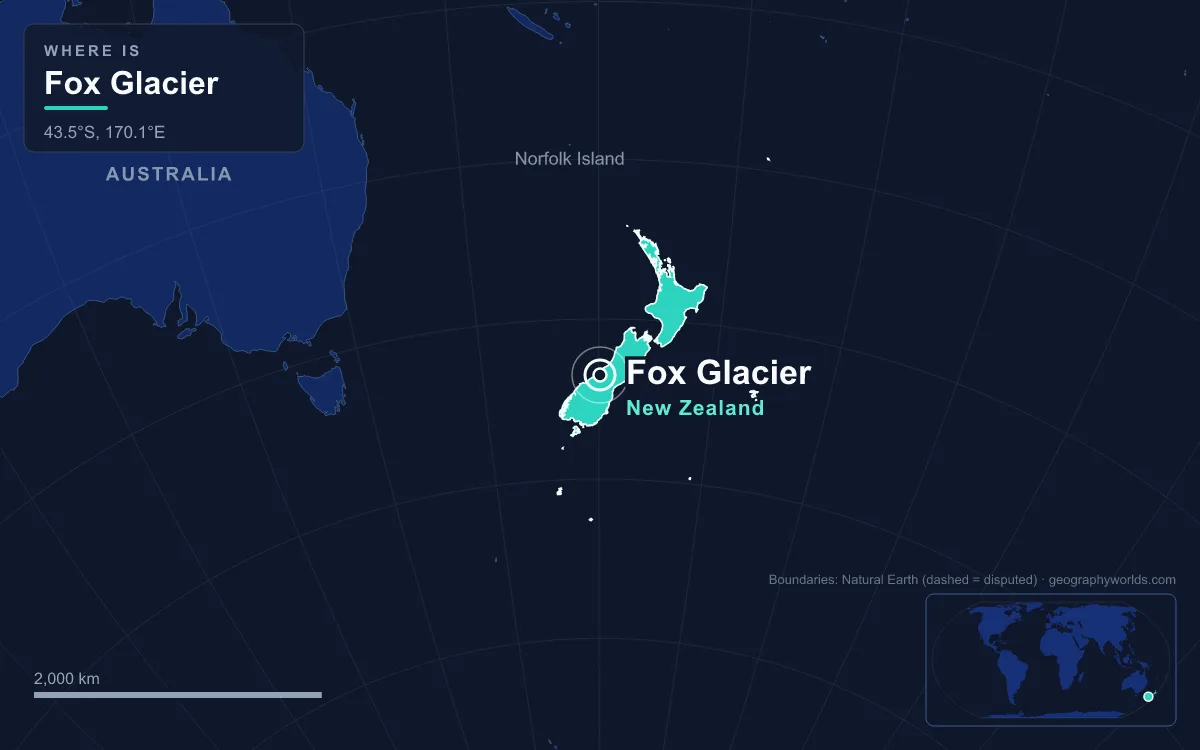 Map marking the location of Fox Glacier