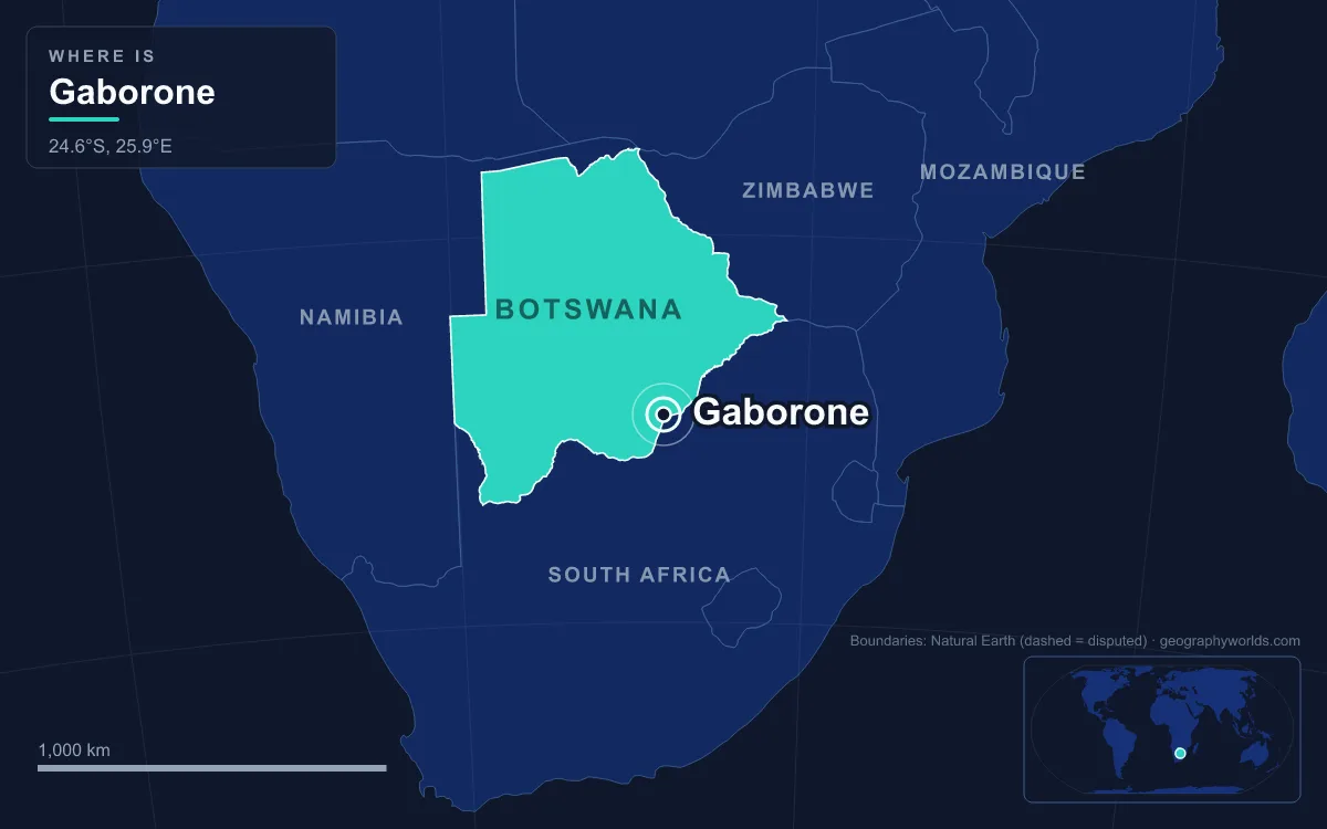Map marking the location of Gaborone