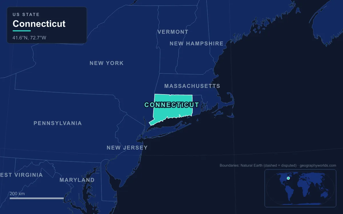 Map highlighting Connecticut and its neighbours