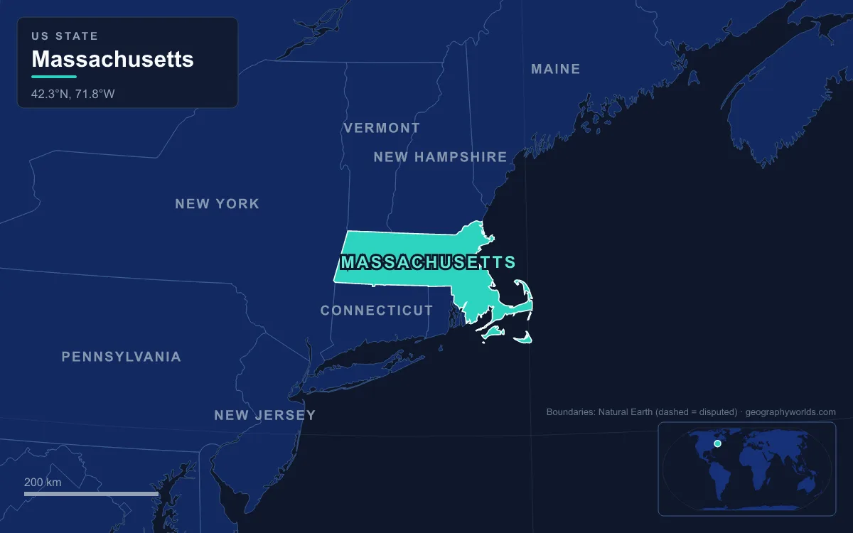Map highlighting Massachusetts and its neighbours
