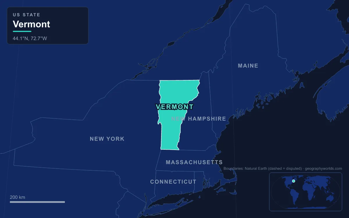 Map highlighting Vermont and its neighbours