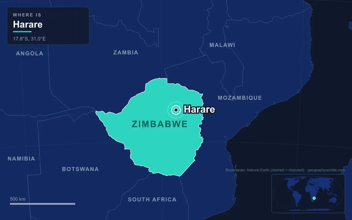Map marking the location of Harare
