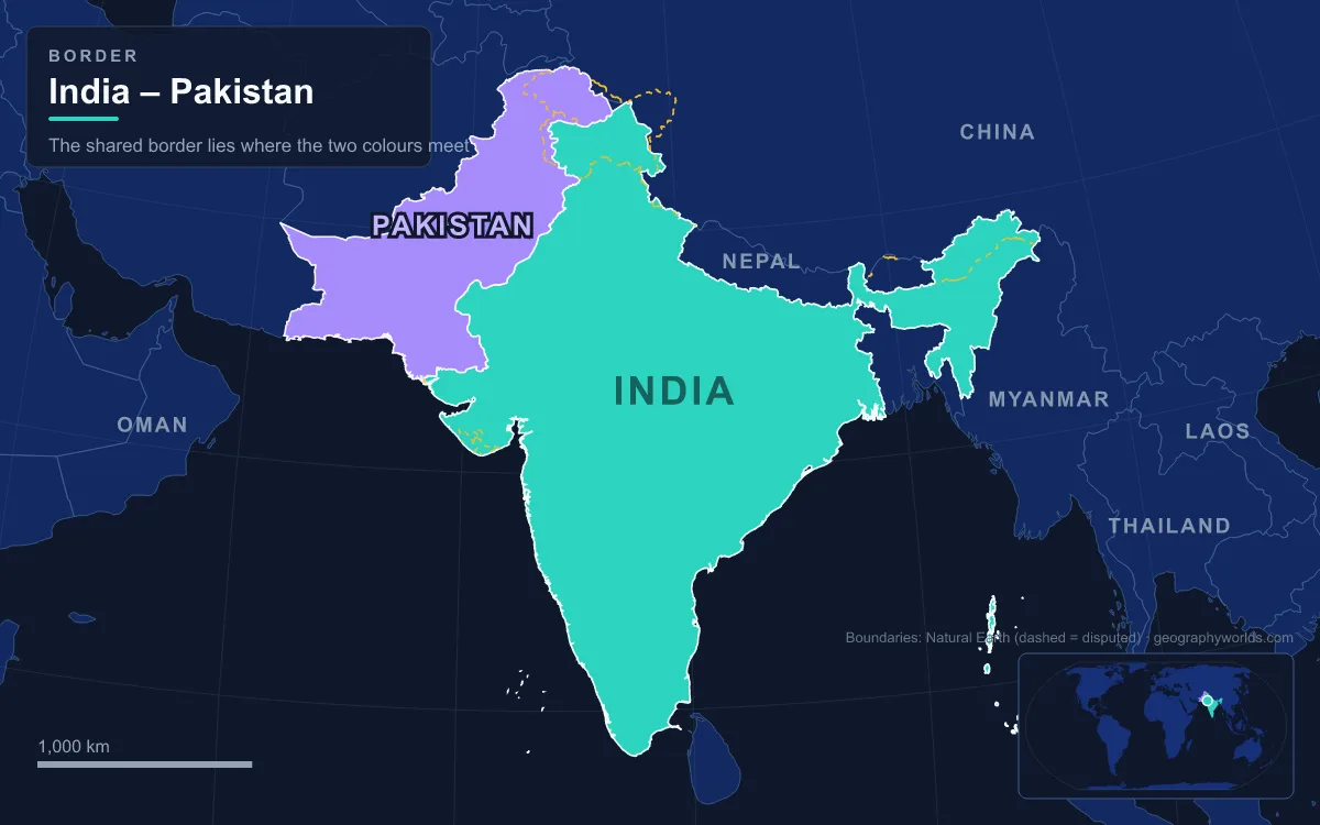 Map of India and Pakistan showing the border between them