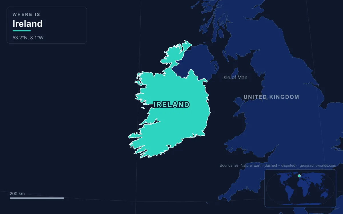 Map highlighting Ireland and its neighbours