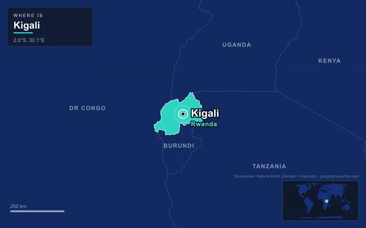 Map marking the location of Kigali