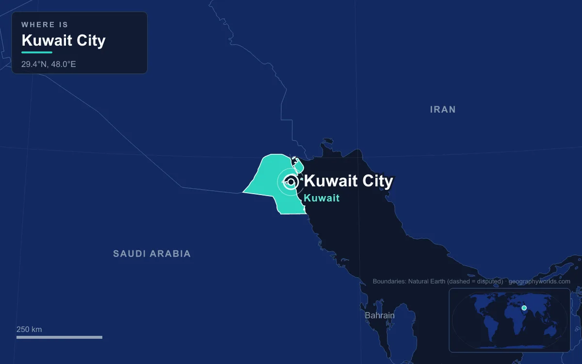 Map marking the location of Kuwait City