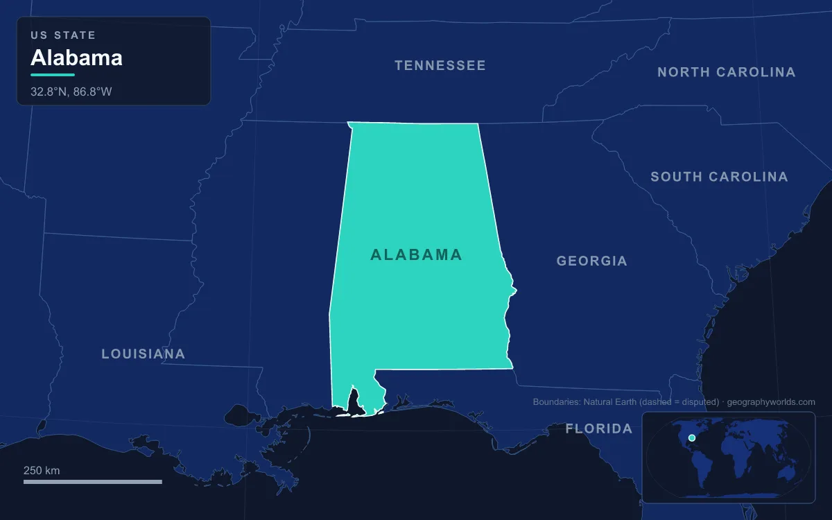 Map highlighting Alabama and its neighbours