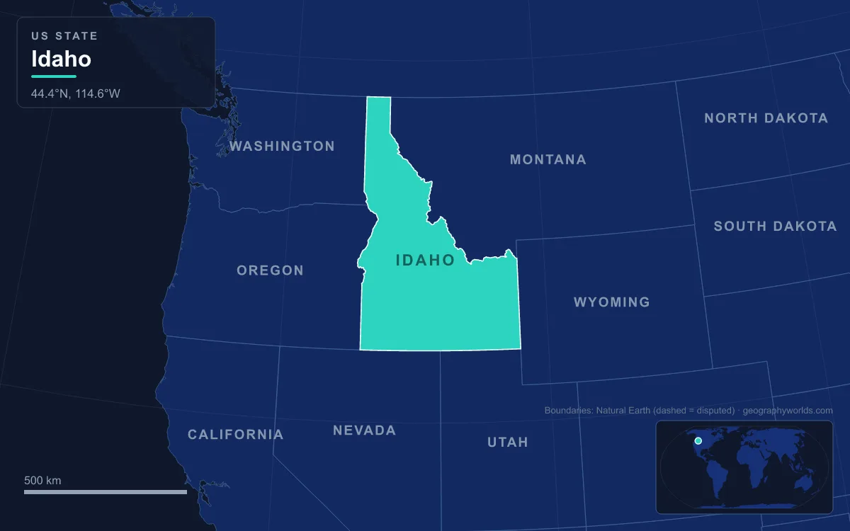 Map highlighting Idaho and its neighbours