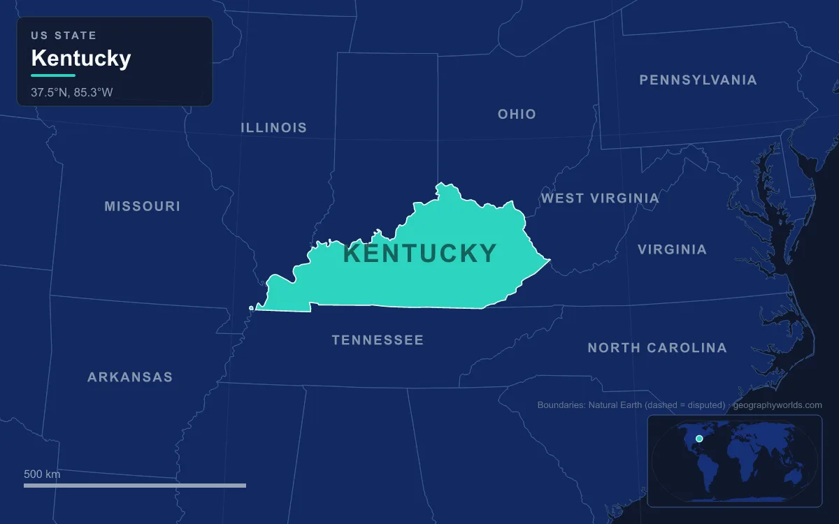 Map highlighting Kentucky and its neighbours
