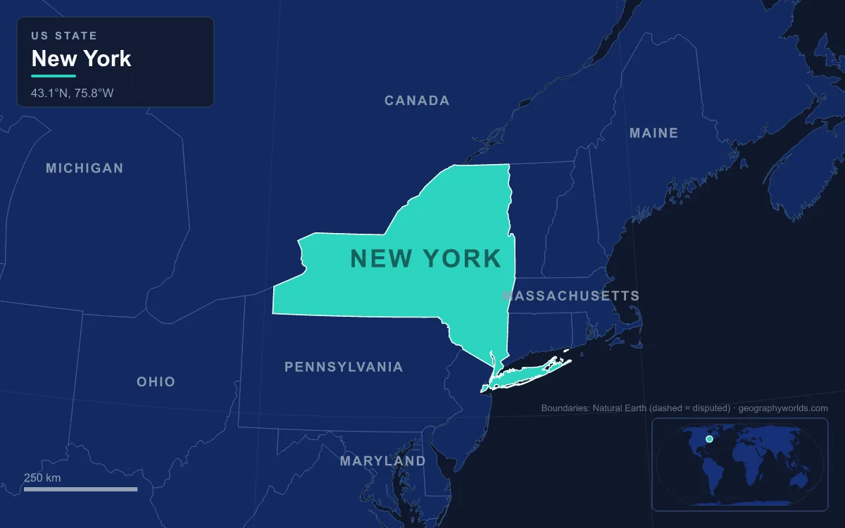 Map highlighting New York and its neighbours