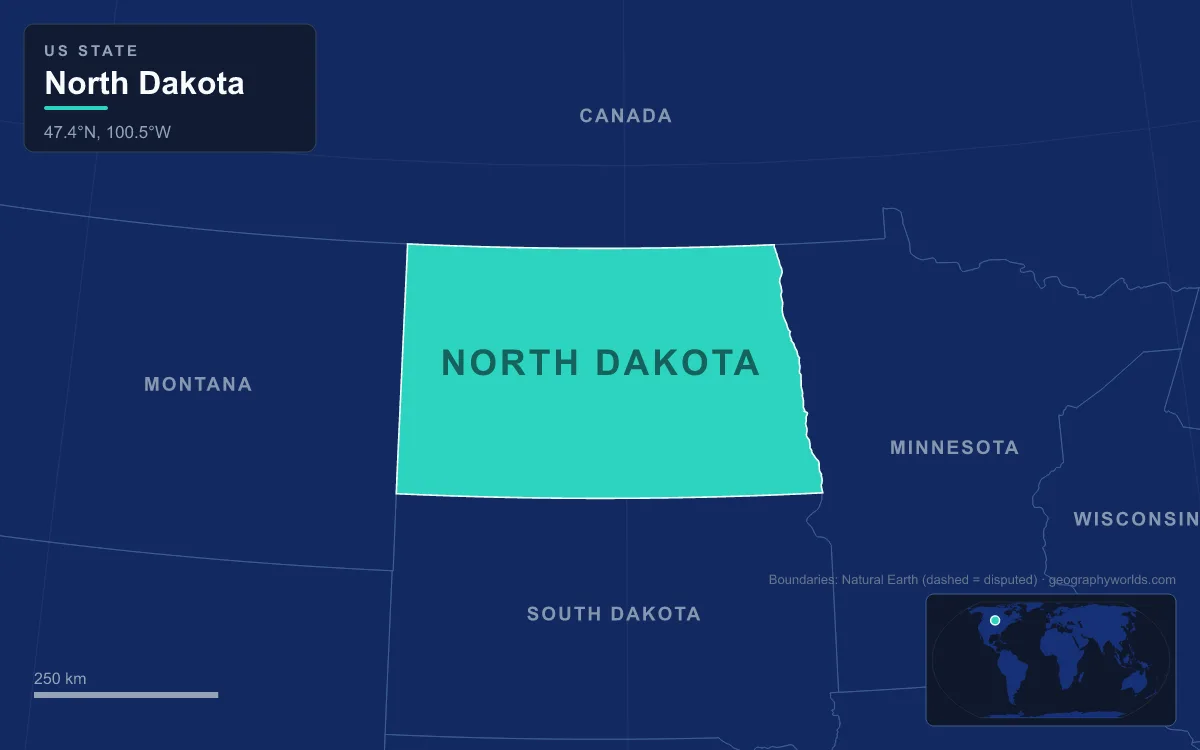 Map highlighting North Dakota and its neighbours