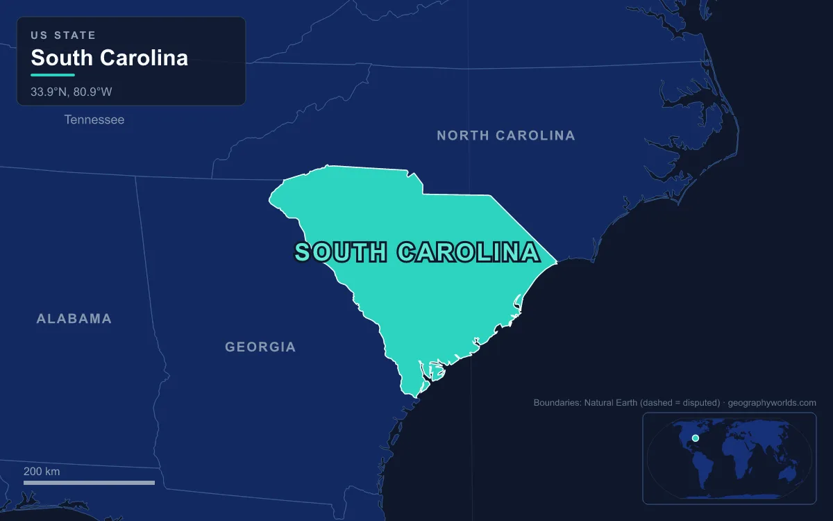 Map highlighting South Carolina and its neighbours