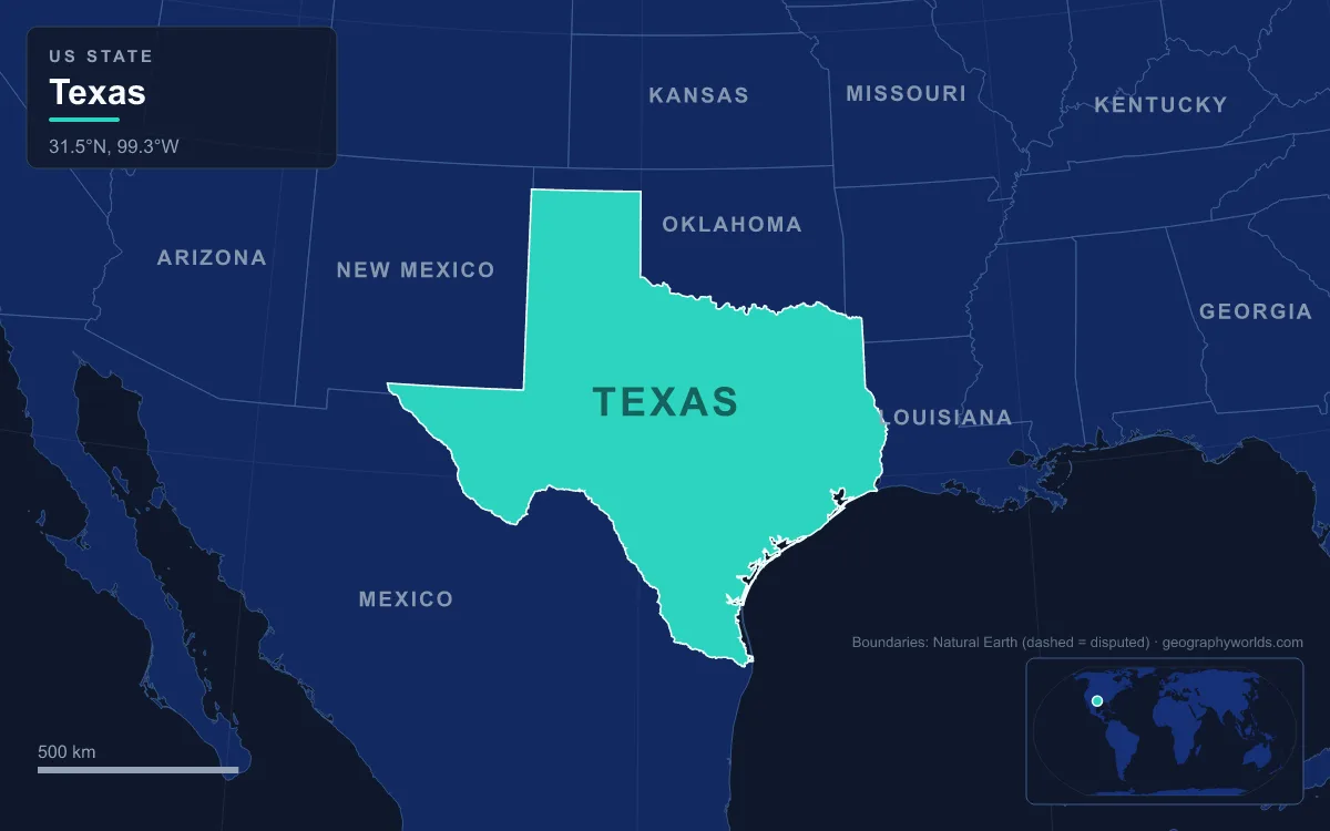 Map highlighting Texas and its neighbours