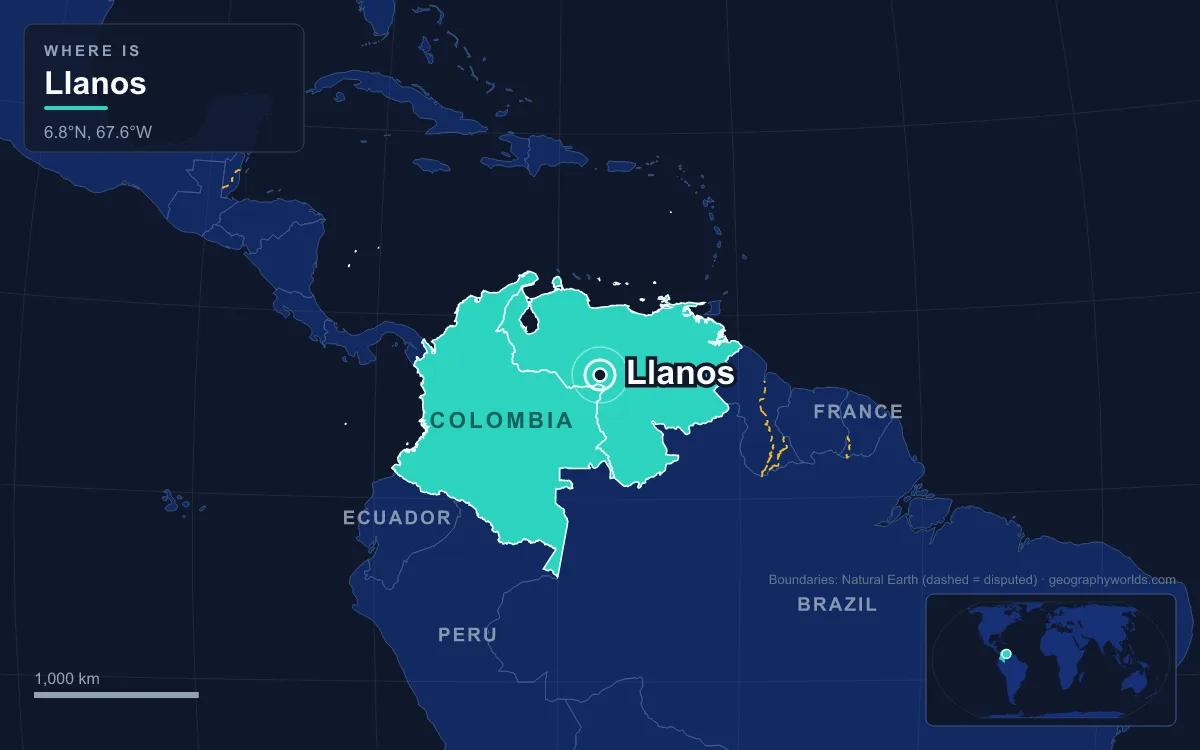 Map of northern South America with Colombia and Venezuela highlighted and a marker on the Llanos at about 6.8°N, 67.6°W