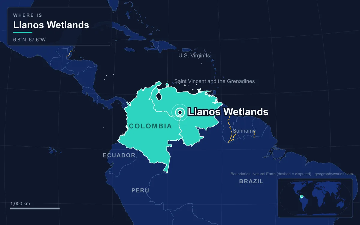 Map marking the location of Llanos Wetlands