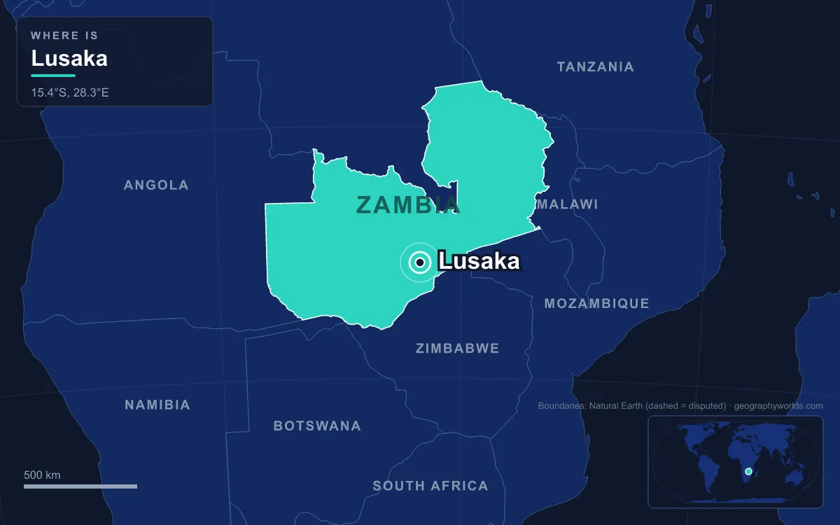 Map marking the location of Lusaka