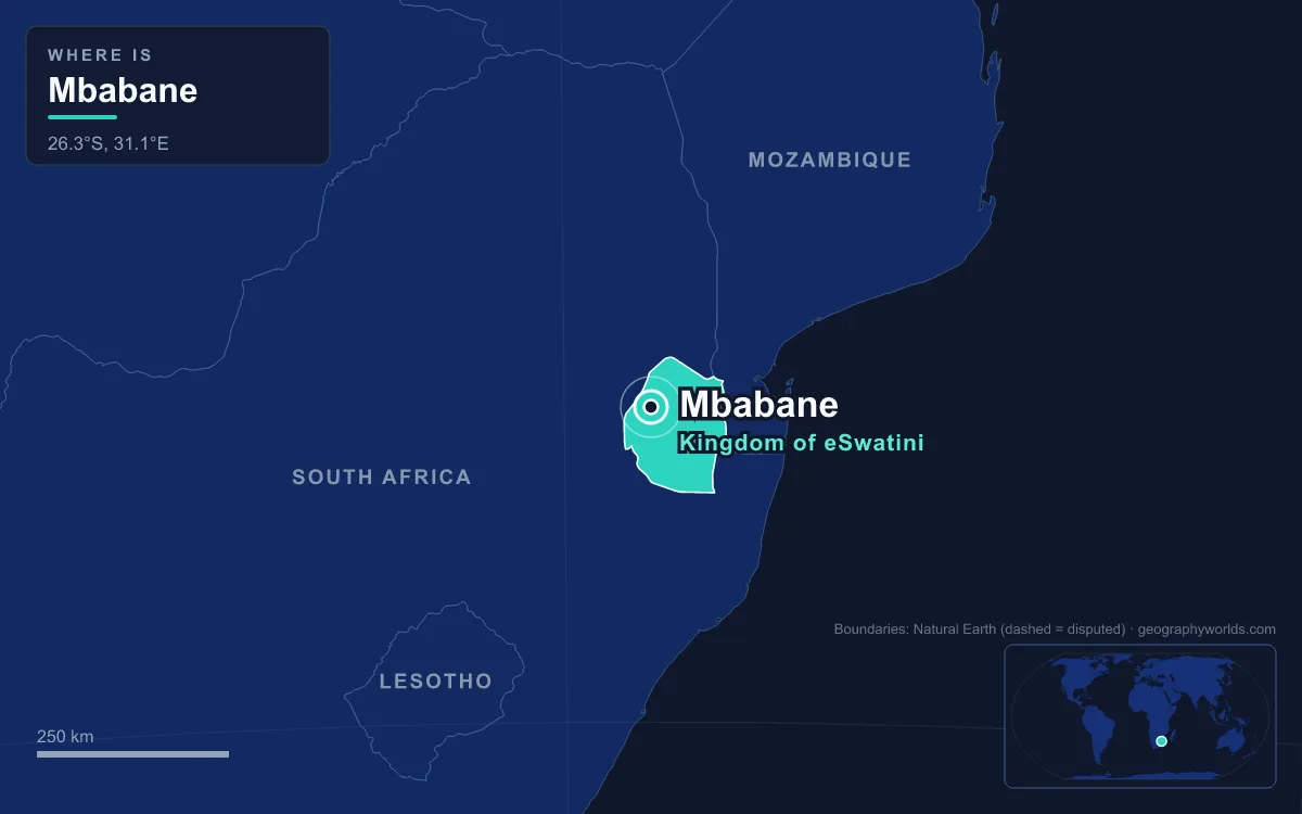 Map marking the location of Mbabane